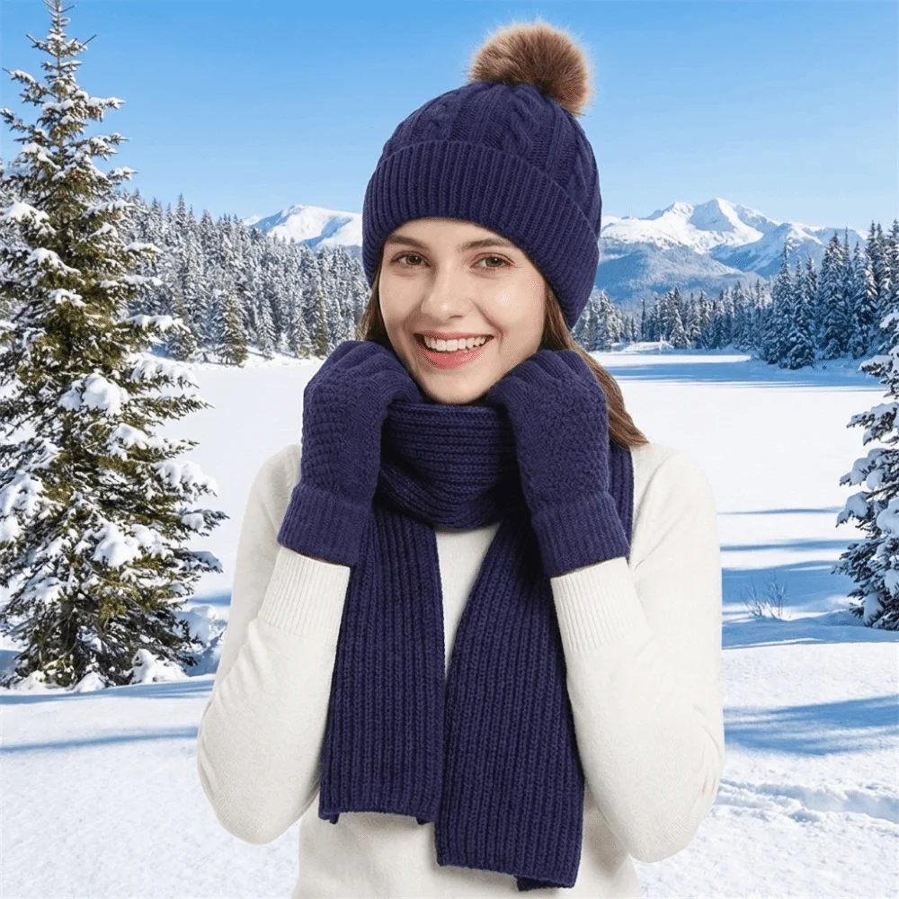3Pcs/Set Cold Proof Scarf Hat Gloves Set Touch Screen Warmer Mittens Pullover Cap Elastic Acrylic Fibers Knitted Scarf Daily