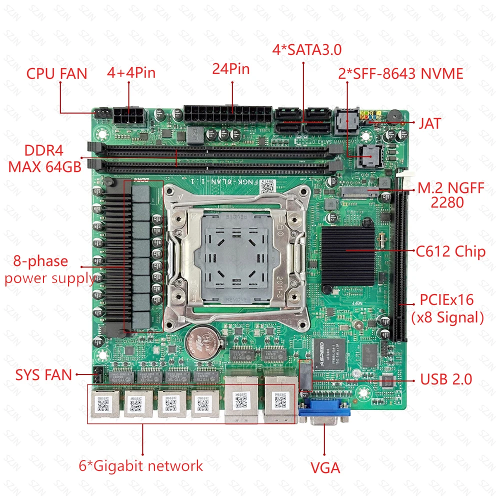 PCDN 마더보드 C612 세트 (E5 V3 V4 DDR4 2400MHz 최대 64GB 온보드 VGA 지원, NAS PCDN 서버용 U.2 및 SATA 지원)