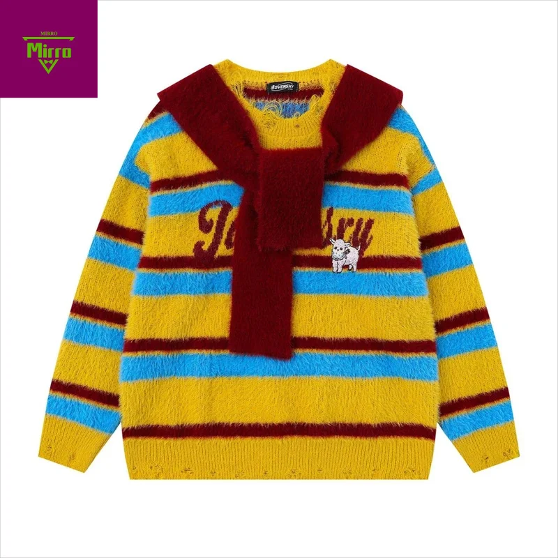 

American Retro Striped Detachable Shawl Sweater for Men and Women Ripped Knitwears Autumn Winter 2025 Knitted Sweater Top