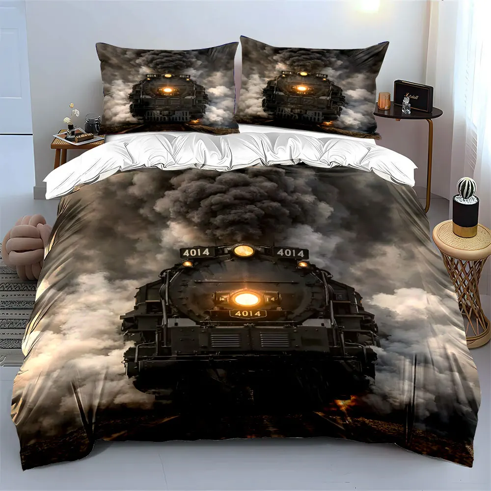Steam Train Vintage Power Scene Print Bedding Set 1 Duvet Cover 2 Pillowcases for Adult and Children Luxury Gift Full Size