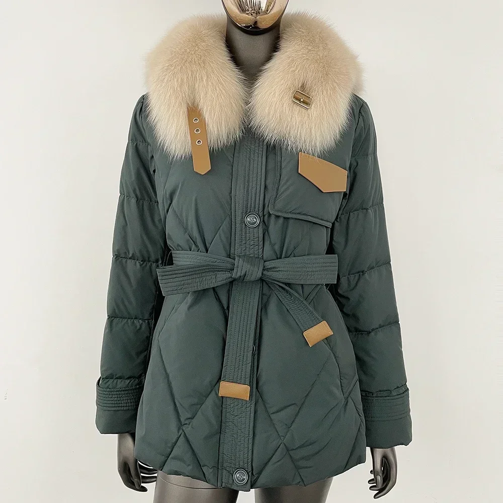 Doudoune en Duvet de Canard Blanc pour Femme, Manteau Chaud et Épais en Vraie Fourrure de Renard, à Lacets, à la Mode, Automne Hiver