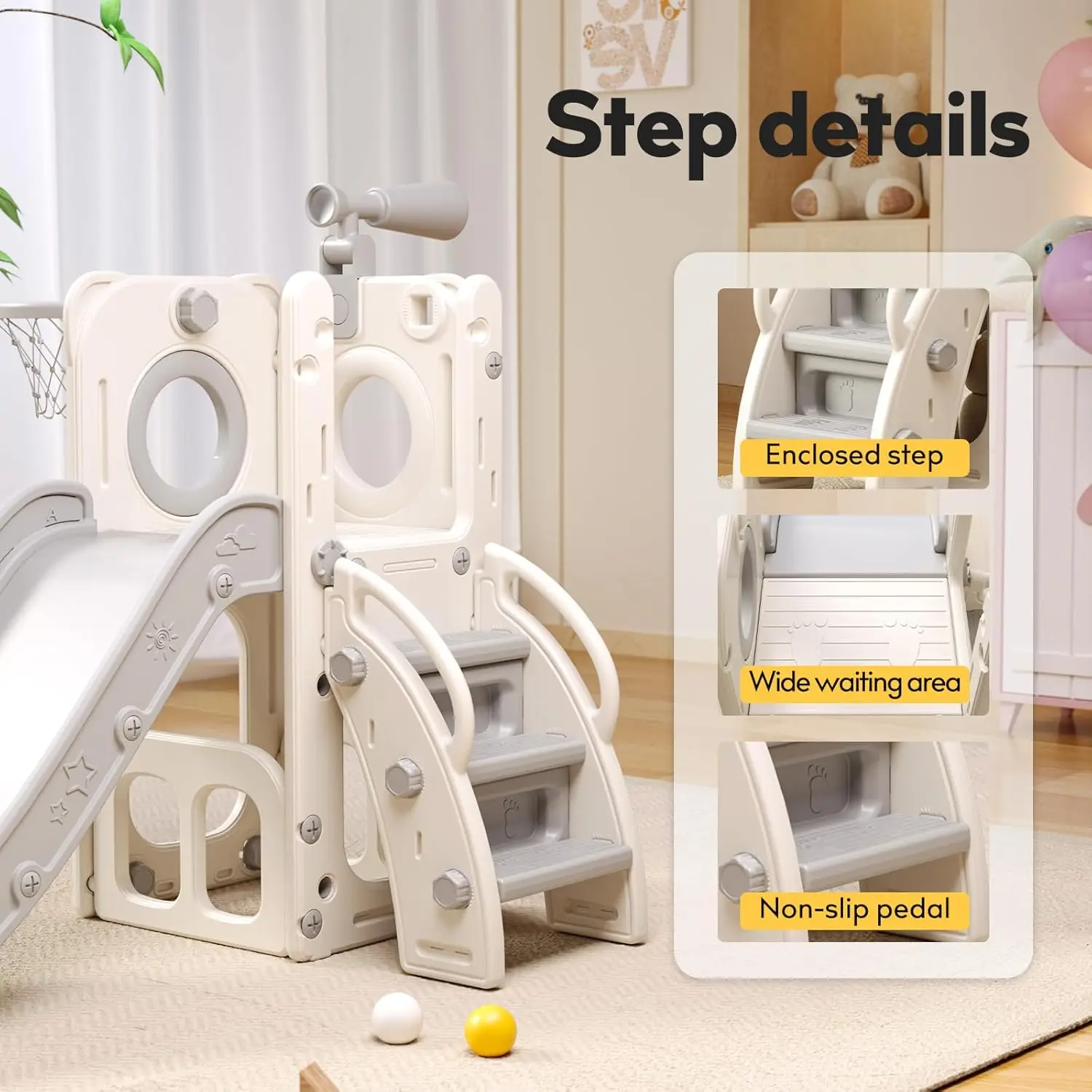 Zestaw do zabawy dla dzieci 6 w 1 z zjeżdżalnią, koszykiem do koszykówki, piłką i grają na rzucanie kółkami - zabawka dla maluchów do użytku wewnątrz i na zewnątrz