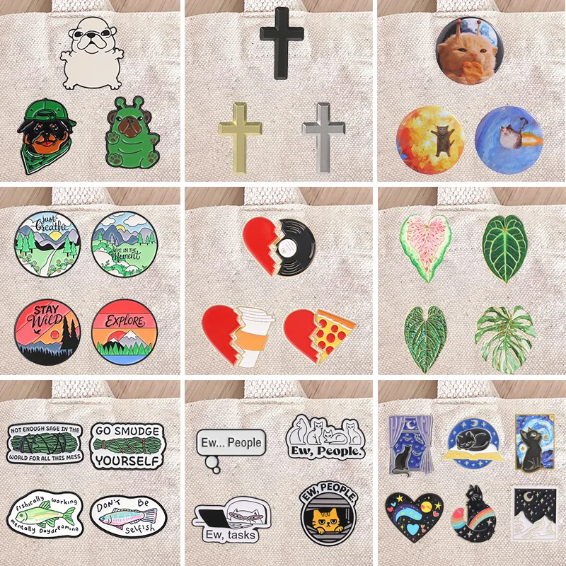 2-7pcs/set Animal Plant Cross Slogan Enamel Badge Cute Cartoon Lapel Pin Bundle For Backpack Jacket Clothing Decoration Gift
