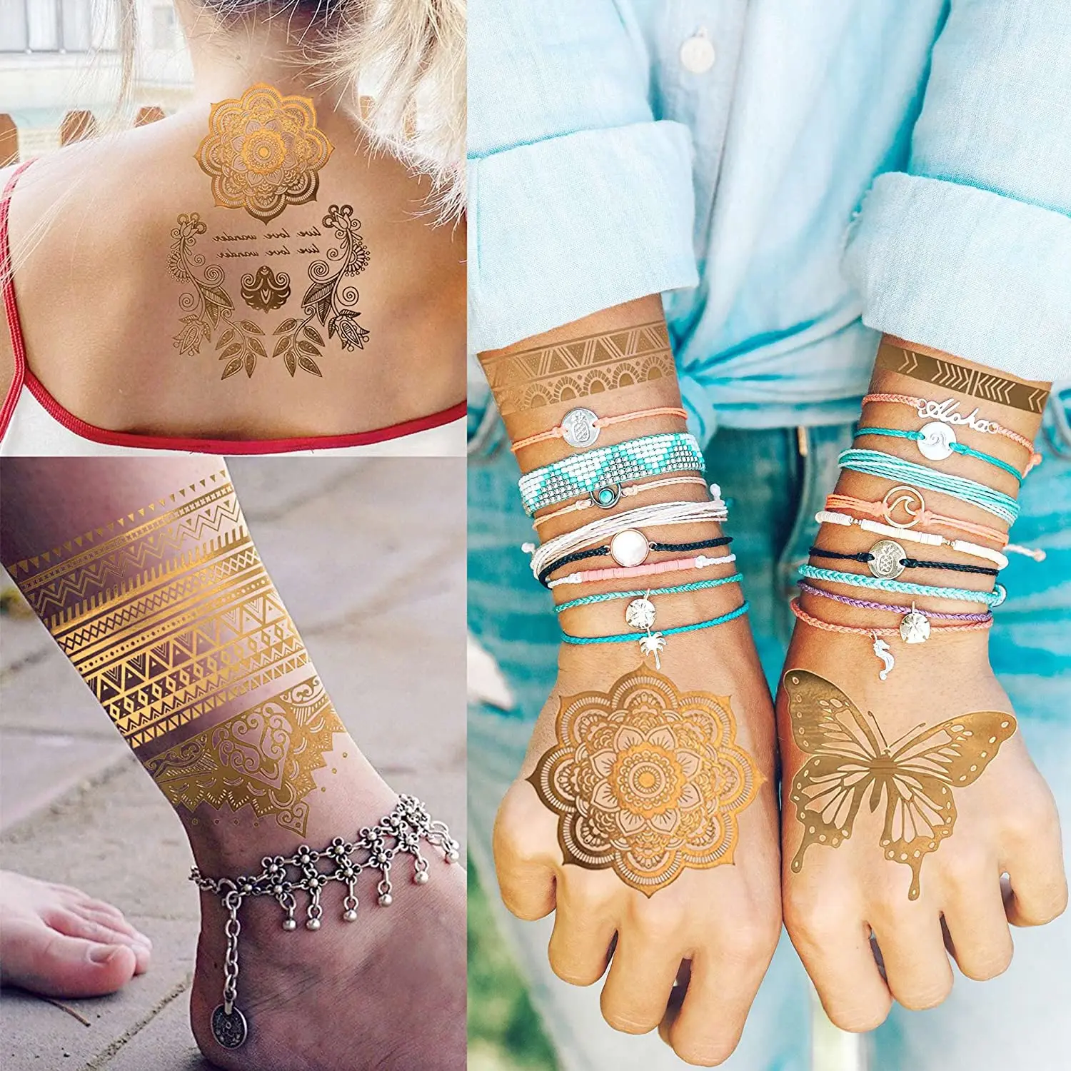 Tatuajes Temporales metálicos para mujeres y niñas, pegatina de tatuaje con brillo, león dorado, sol, luna, estrella, mariposa, 9 hojas