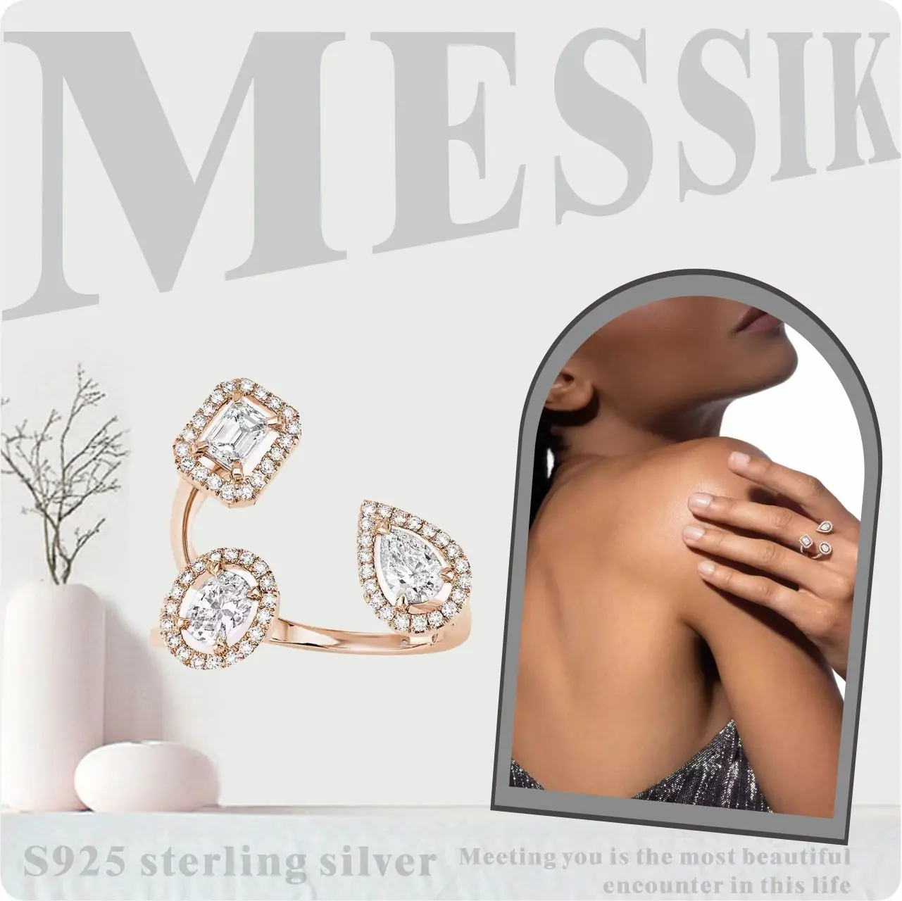 

Fashionable high-end fancy shaped ring Messik - Style sterling silver s925 elegant MY TWIN TRITLOGY irregular ring