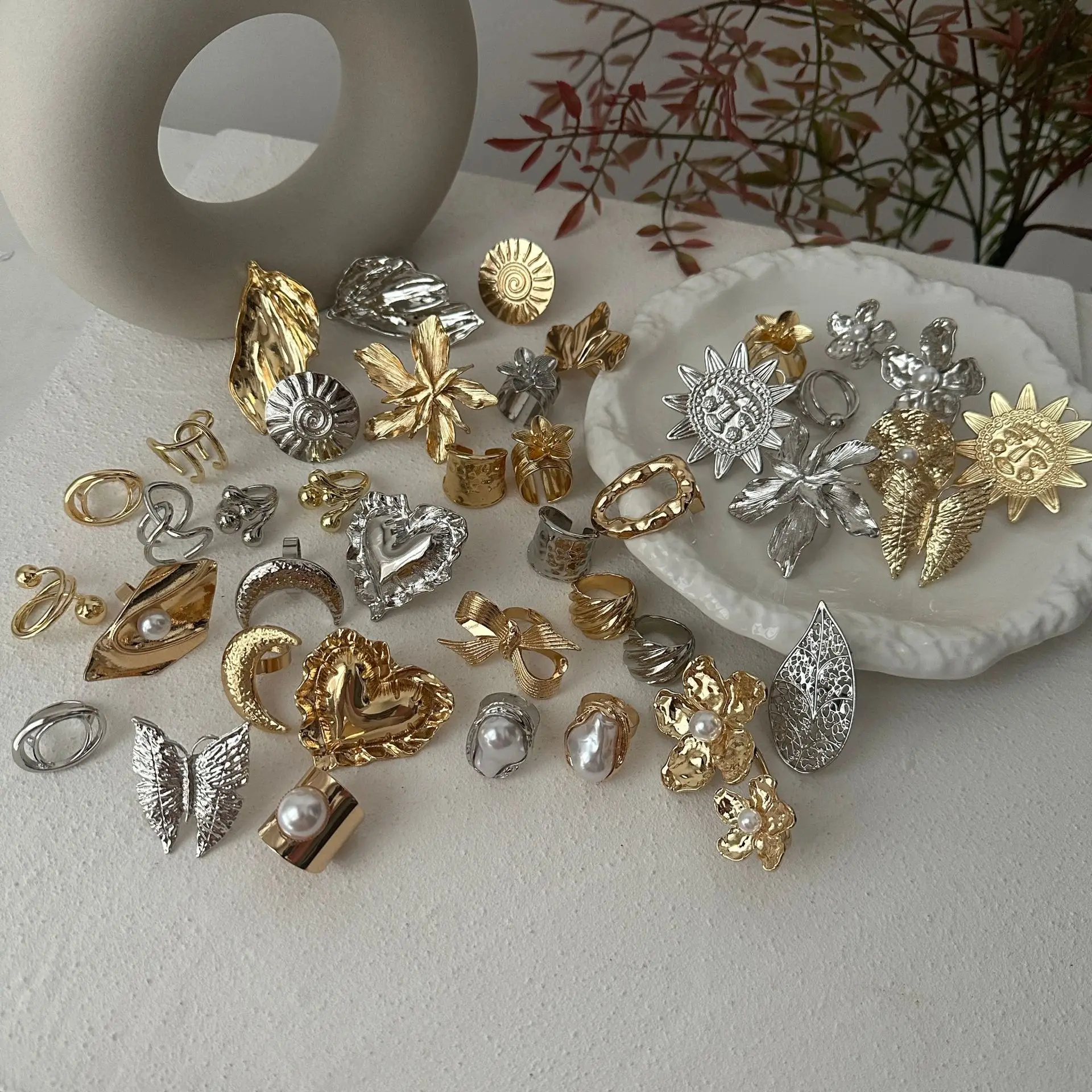 DIEZI 3 Style Korean Big Flower Geometric Rings For Women Punk Vintage Fashion Gold Color Geometric Knuckle Joint Ring Jewelry