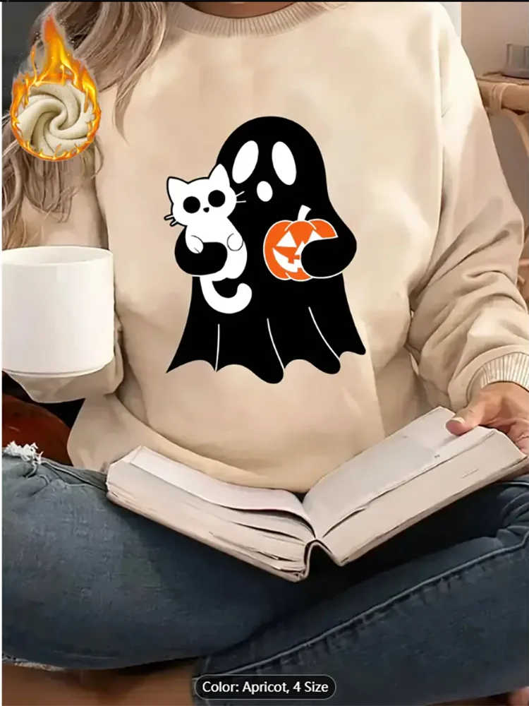 Sudadera para mujer Ghost Cat Calabaza Estampado gráfico Forro polar Casual Jersey de gran tamaño Top para amantes del estilo de Halloween Algodón
