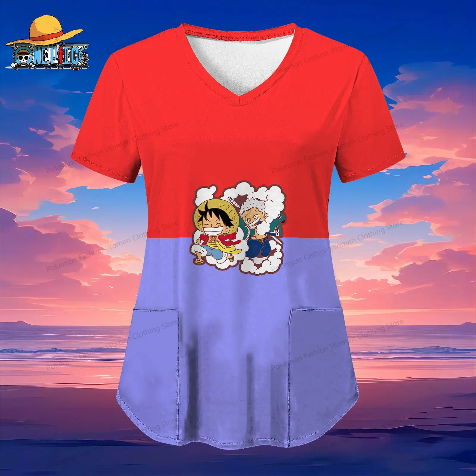 One Piece Pocket Women's V Neck Nurse Uniform T-Shirt Luffy Summer Clothes Street Wear S-2XL Tops 2024 Woman Clothing Kawaii Y2k