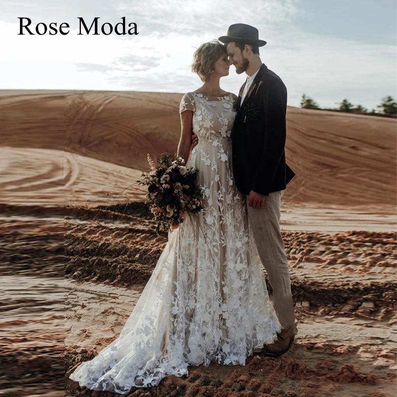 Rose Moda Ivory and Champagne Lace Wedding Dress Backless Destination Bridal Gown Custom Make