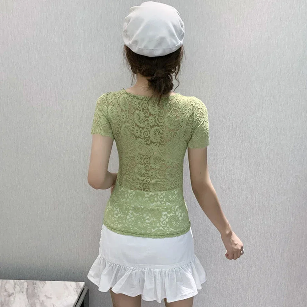 Persian Pattern Lace T Shirt Women Stretch Knitted Blouse Square Collar Short Sleeve S-2XL Size Top Fashion Female Blouses Shirt