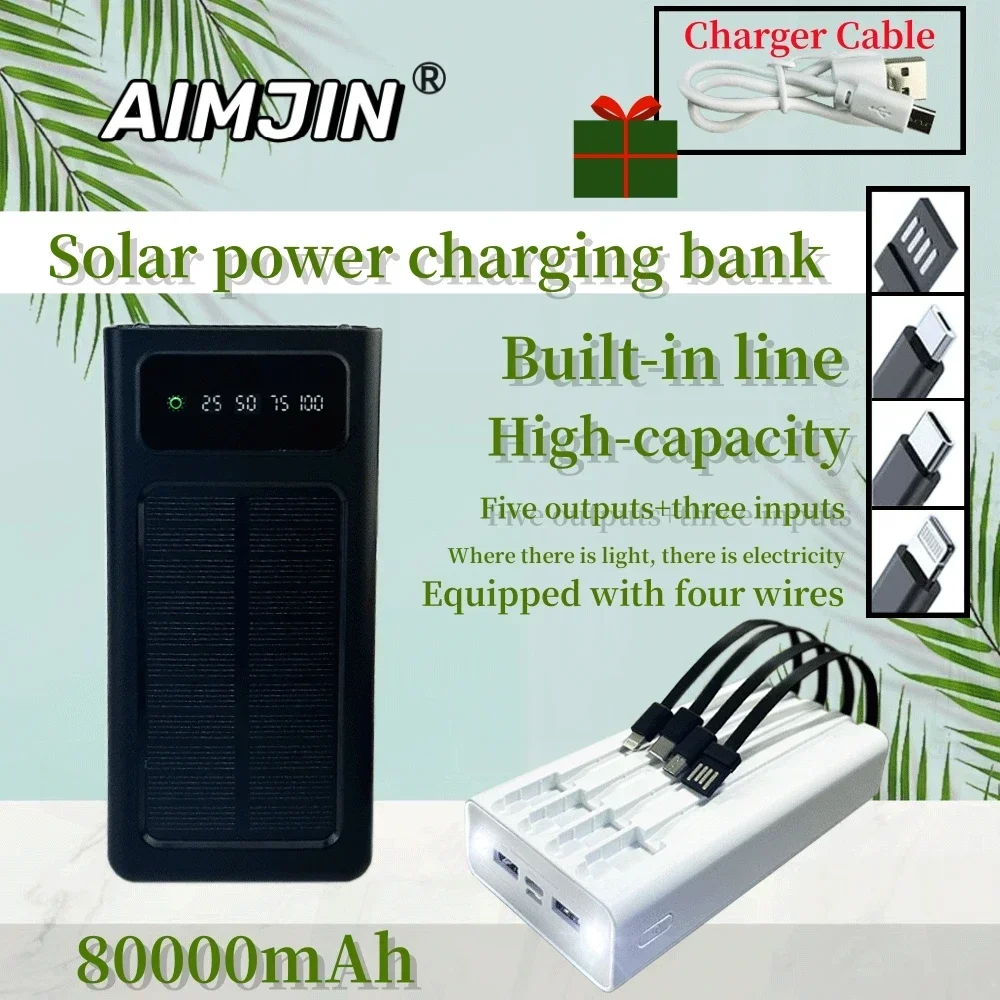 

80000mAh Solar Power Bank Built Cables Solar Charger 2 USB Ports External Charger Powerbank With LED Light For Xiaomi iphone