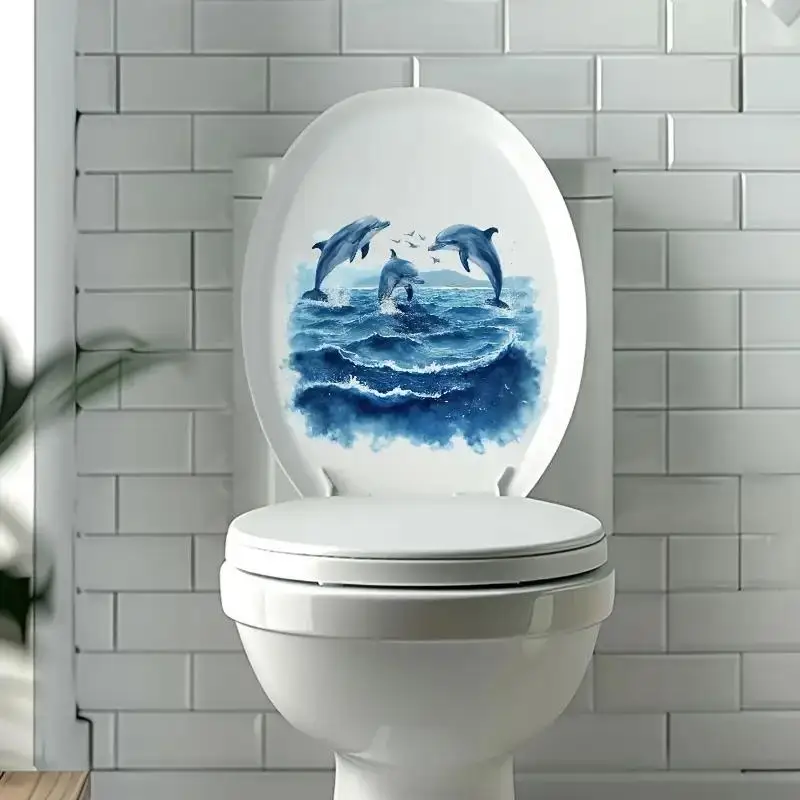 (BF06)Vivid Watercolor Dolphin Ocean Toilet Sticker For Bedroom Living Bathroom Home Decoration