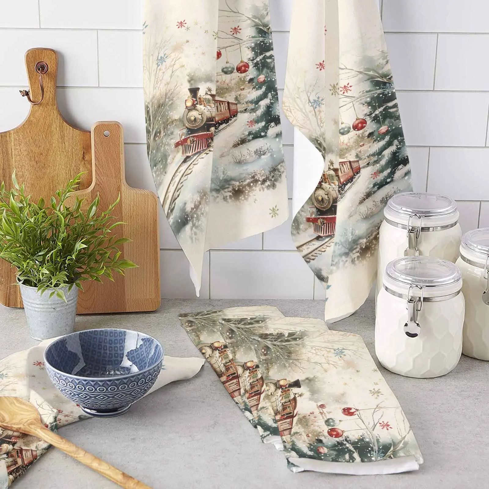 Christmas Watercolor Train Forest Snow Printed Tea Hand Towel Kitchen Dishcloth Water Absorption Household Cleaning Cloth