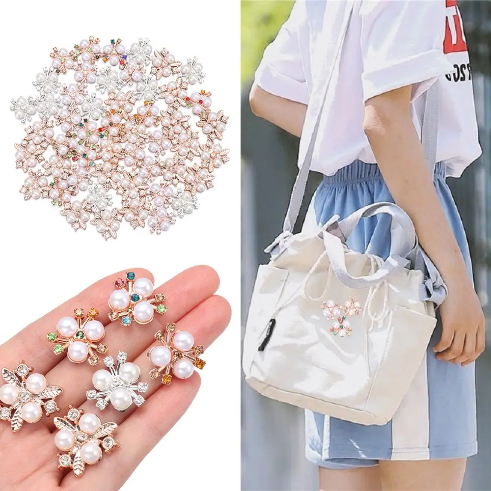 10PCS Apparel Sewing Flower-shaped Crystal Rhinestone Buttons Headwear Clip Pearl Button Pearl Hairpins