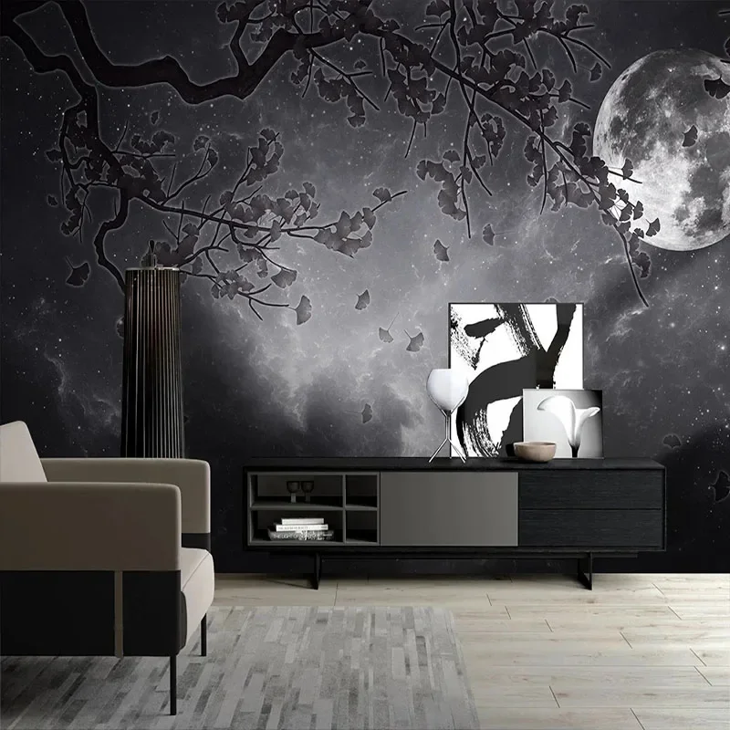 Custom Any Size 3D Modern Modern Simple Black Gray American Starry Sky Stars, Flowers And Birds, TV Background Wall Mural Tapety