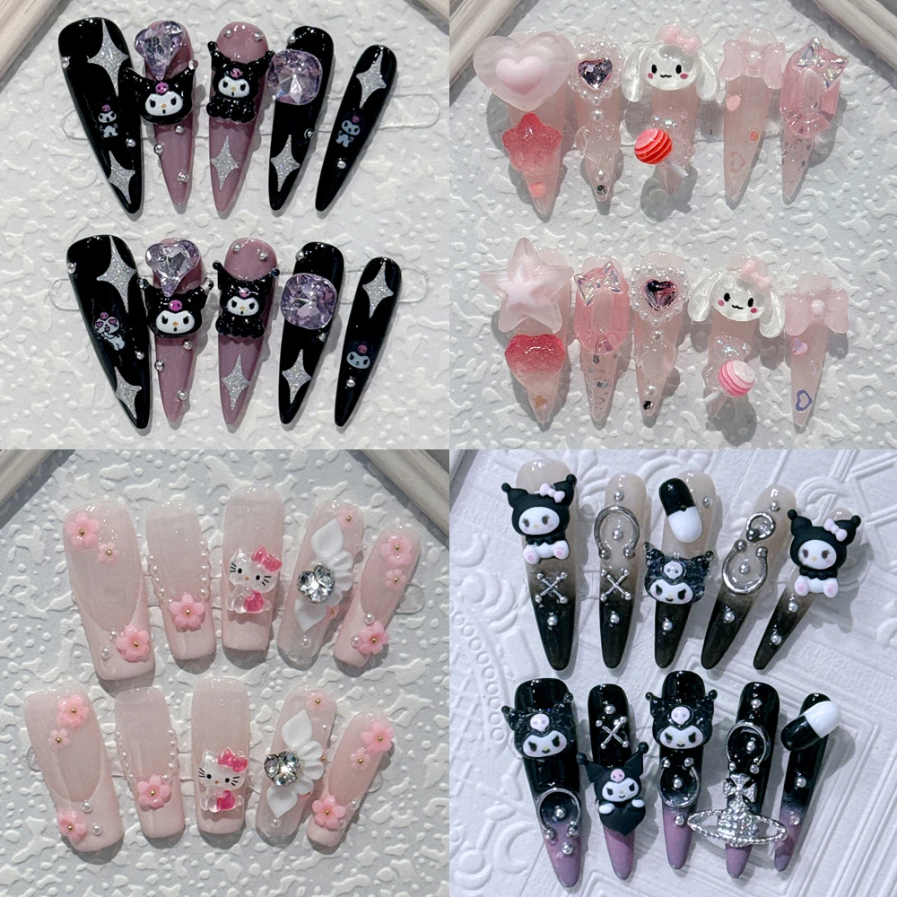 Kawaii Sanrio My Melody Cinnamoroll Long Coffin Fake Nails Hello Kitty 3D Cartoon Reusable Full Cover Nails Party Stickers