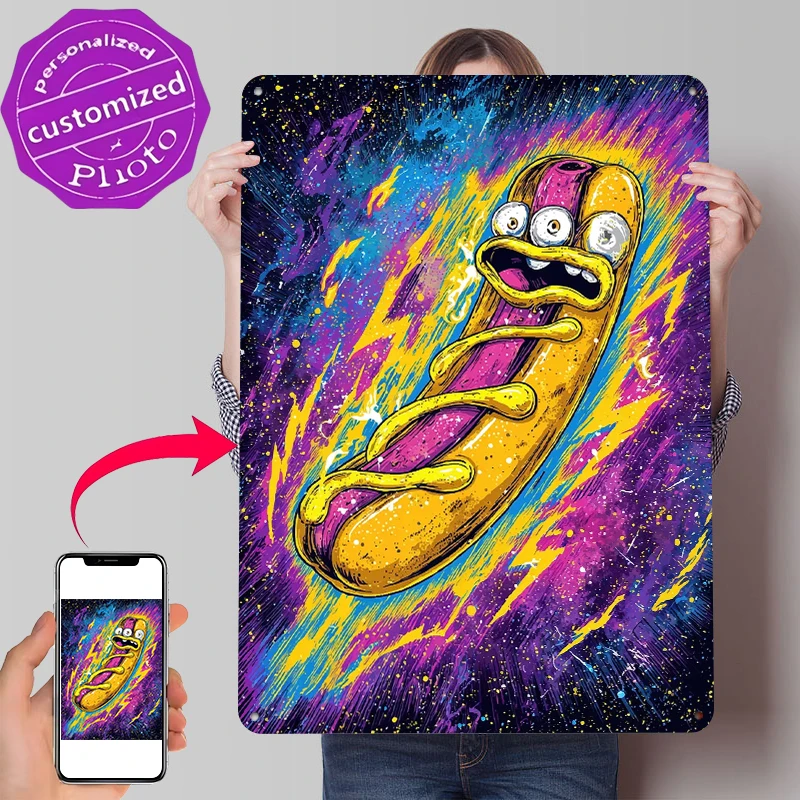 Psychedelic Hot Dog in Space Poster Customized Vintage Metal Signs Wall Art Retro Tin Plaque for Luxury Decoration Room Man Cave