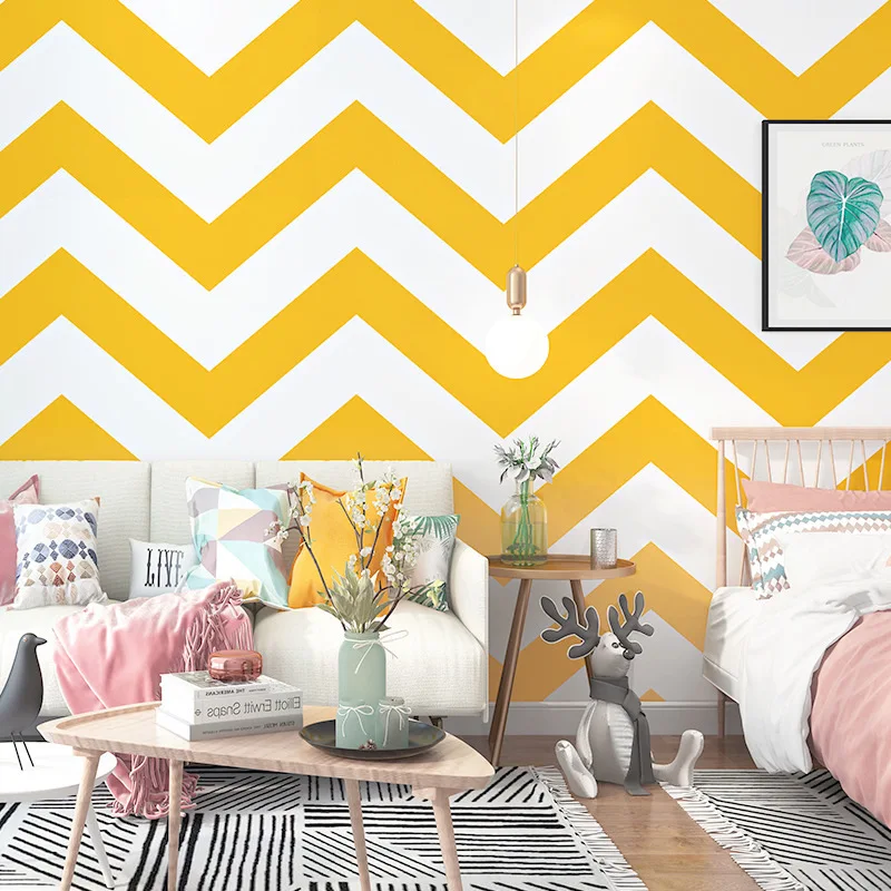 

Wavy wallpaper warm yellow Nordic style geometric small fresh and simple living room bedroom TV background wall wallpaper