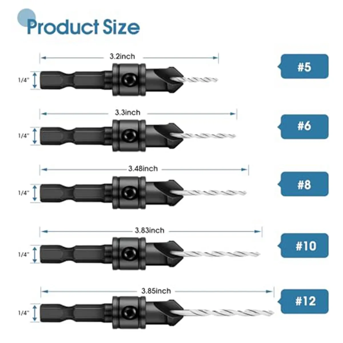5pcs Counterbore Drill Bit Set for 5, 6, 8, 10, 12 Screws,M2 Pilot Drill Bits with 1/4