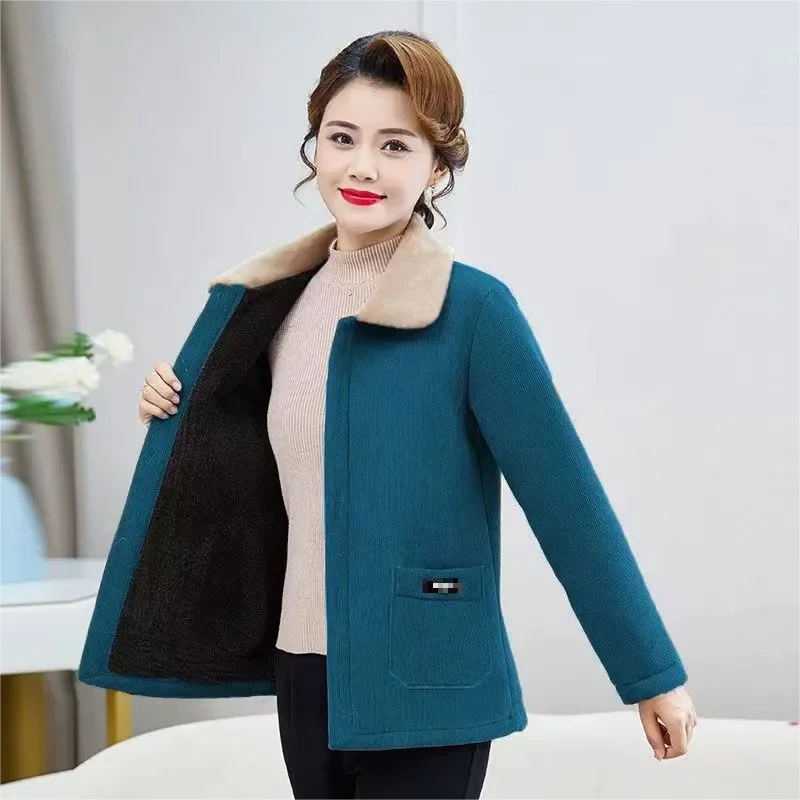 High End Lapel Collar Corduroy Coat Middle Aged Elderly Women's Outerwear Autumn Winter Warm Thicken Casual Jacket Female Tops