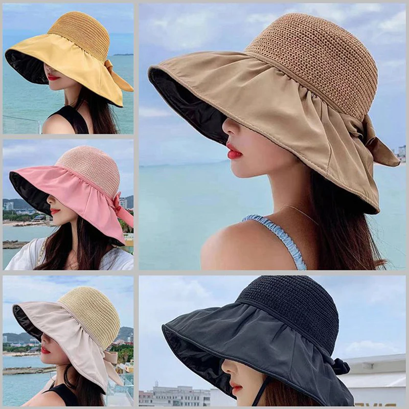 Summer New Women Bucket Hat UV Protection Sun Hats Solid Color Soft Foldable Wide Brim Outdoor Beach Panama Cap Ponytail Caps