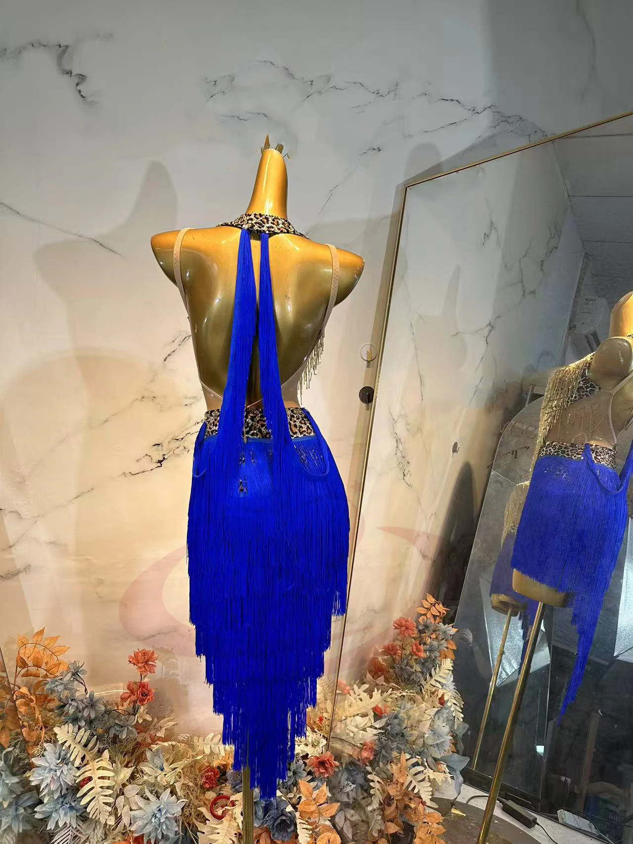 

Latin Dancer Adult Children High-End Custom Leopard Print Dress With Tassel Hem Tango Samba AB Stone Performance Dress