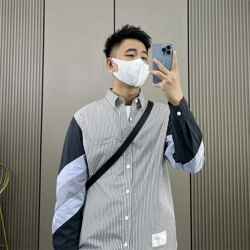 Trendy Brand Contrasting Color Splicing Striped Long-sleeved Shirt for Men in Spring Autumn Simple Casual Versatile