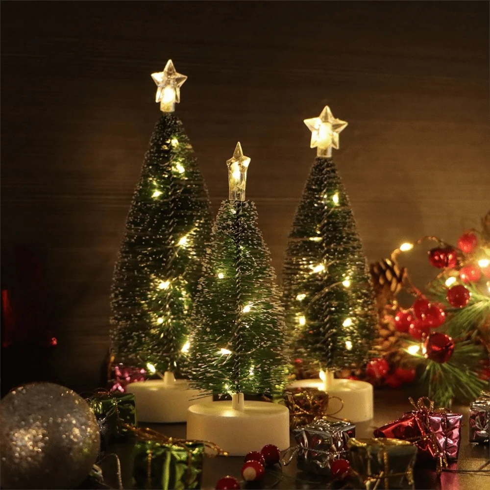 

3Pcs/Set Glowing Small Pine Trees Lights Mini Ornaments Cedar Christmas Luminous Gifts with Top Star Festival Miniature
