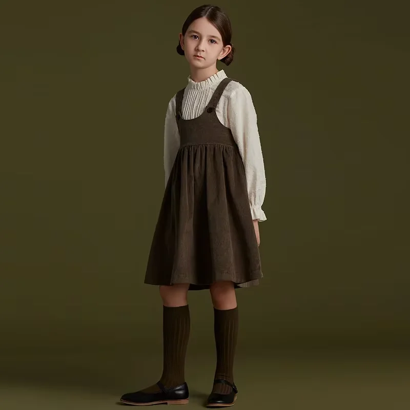 

Girls' Retro Corduroy Dress New Solid Color Ruffled Adjustable Shoulder Strap Button Loose Casual Children's Princess Dress
