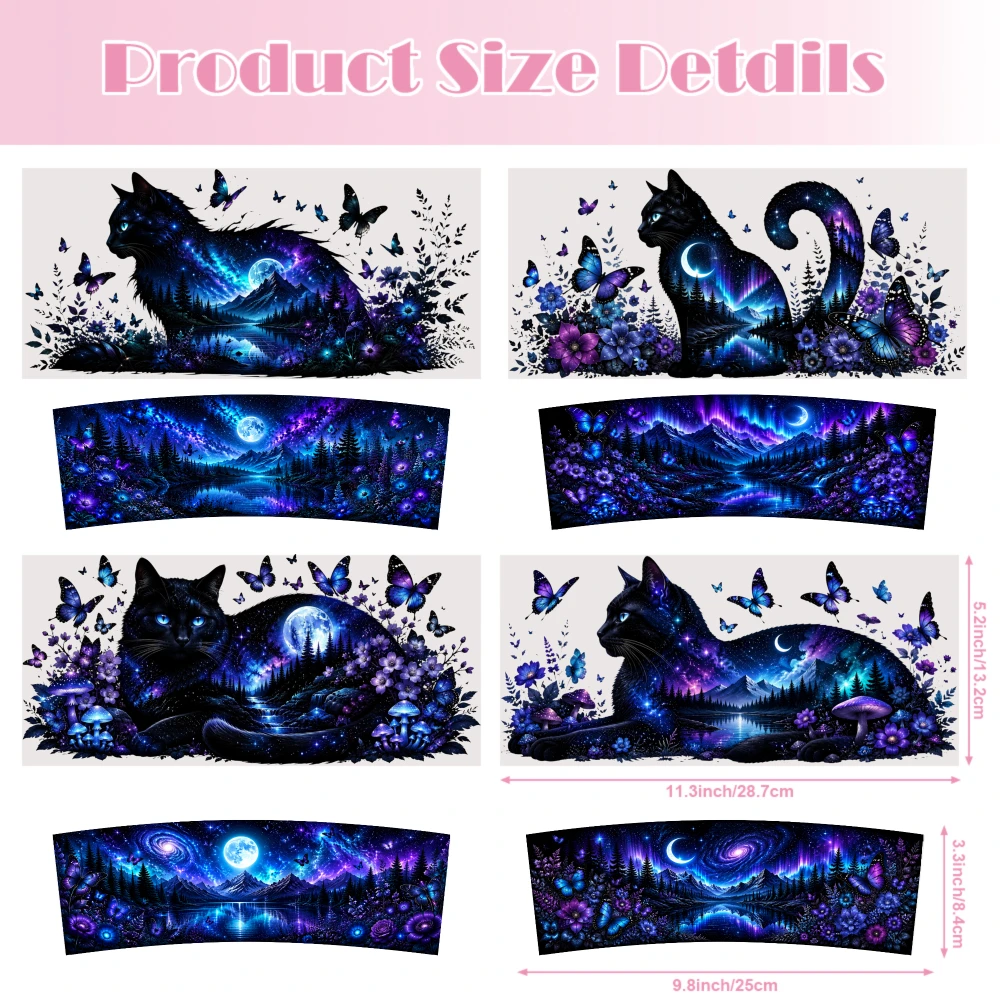 4 Sheets Galactic Cat Butterfly Forest Night Sky UV DTF Stickers for 40oz Tumblers UV DTF Adhesive Vinyl Decal Set Waterproof