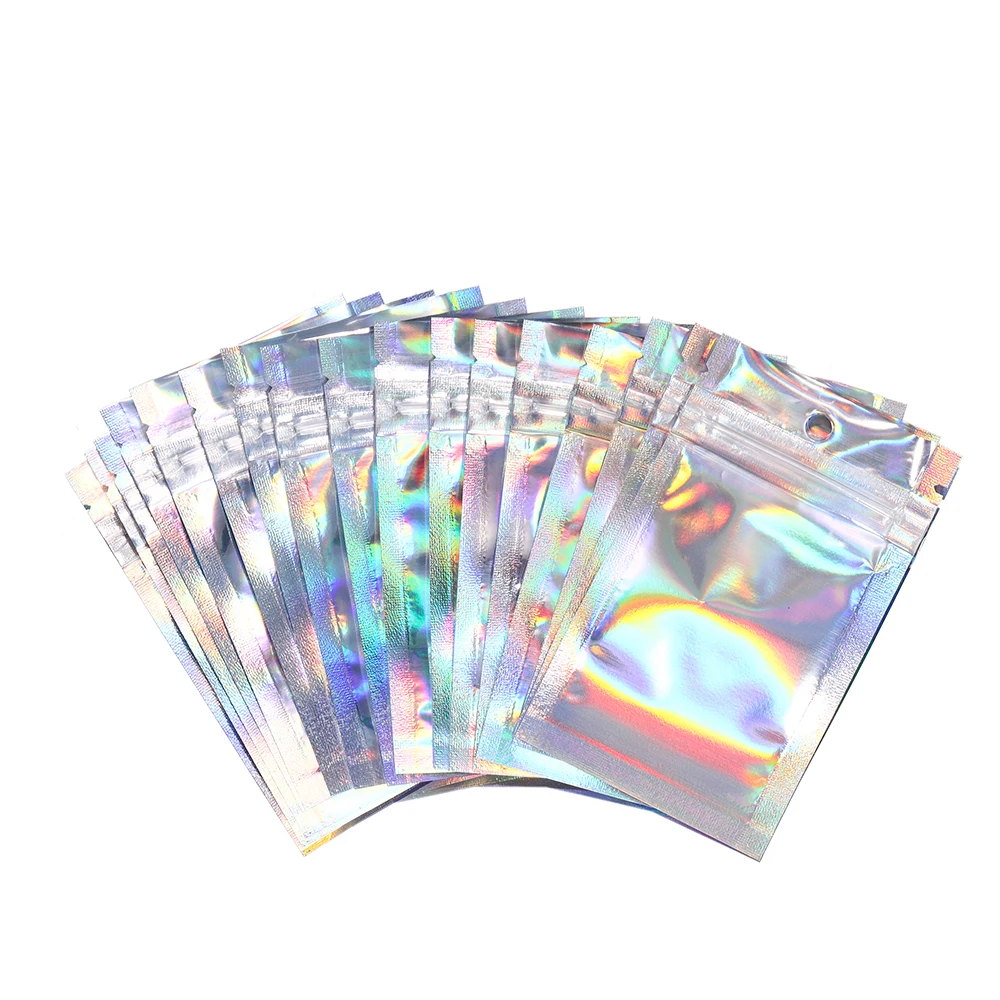 

50 шт. самозаклеивающиеся лазерные маленькие пластиковые пакеты для ювелирных изделий с прозрачным окном, упаковка для украшений, подарочные пакеты для хранения