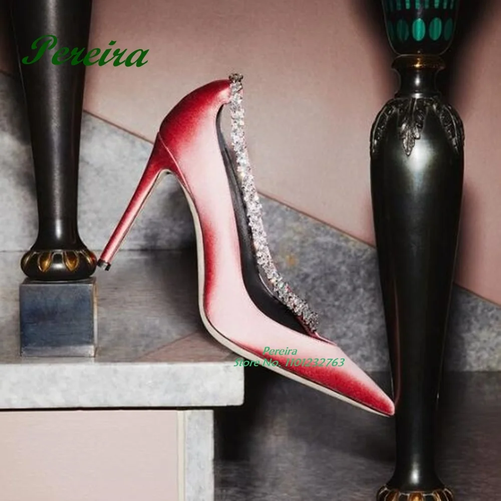 

Satin Red Rhinestone Shallow Pumps High Heels Pointy Toe Stiletto Bling Luxury Women's Pumps 2023 Party Wedding Shoes Solid Sexy