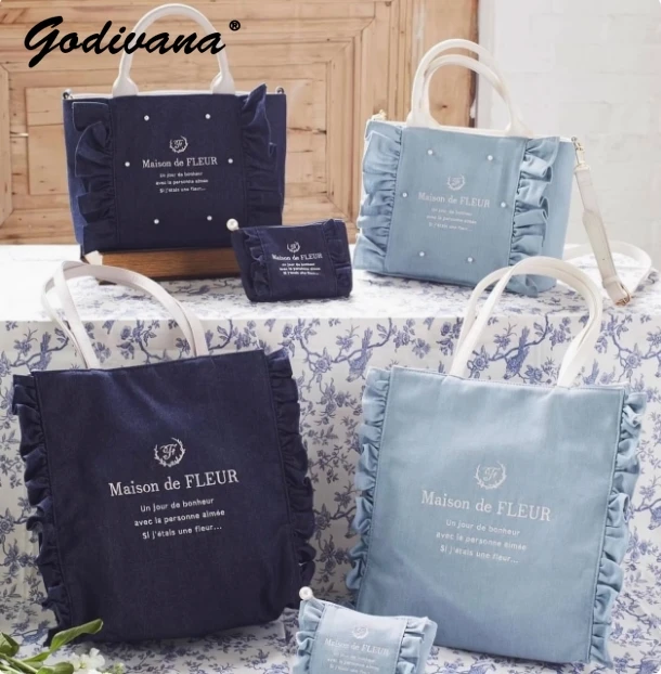 Japanese Girls Letter Embroidered Denim Leather Splicing Shoulder Commuter Bag Women Casual Large Capacity Tote Handbags