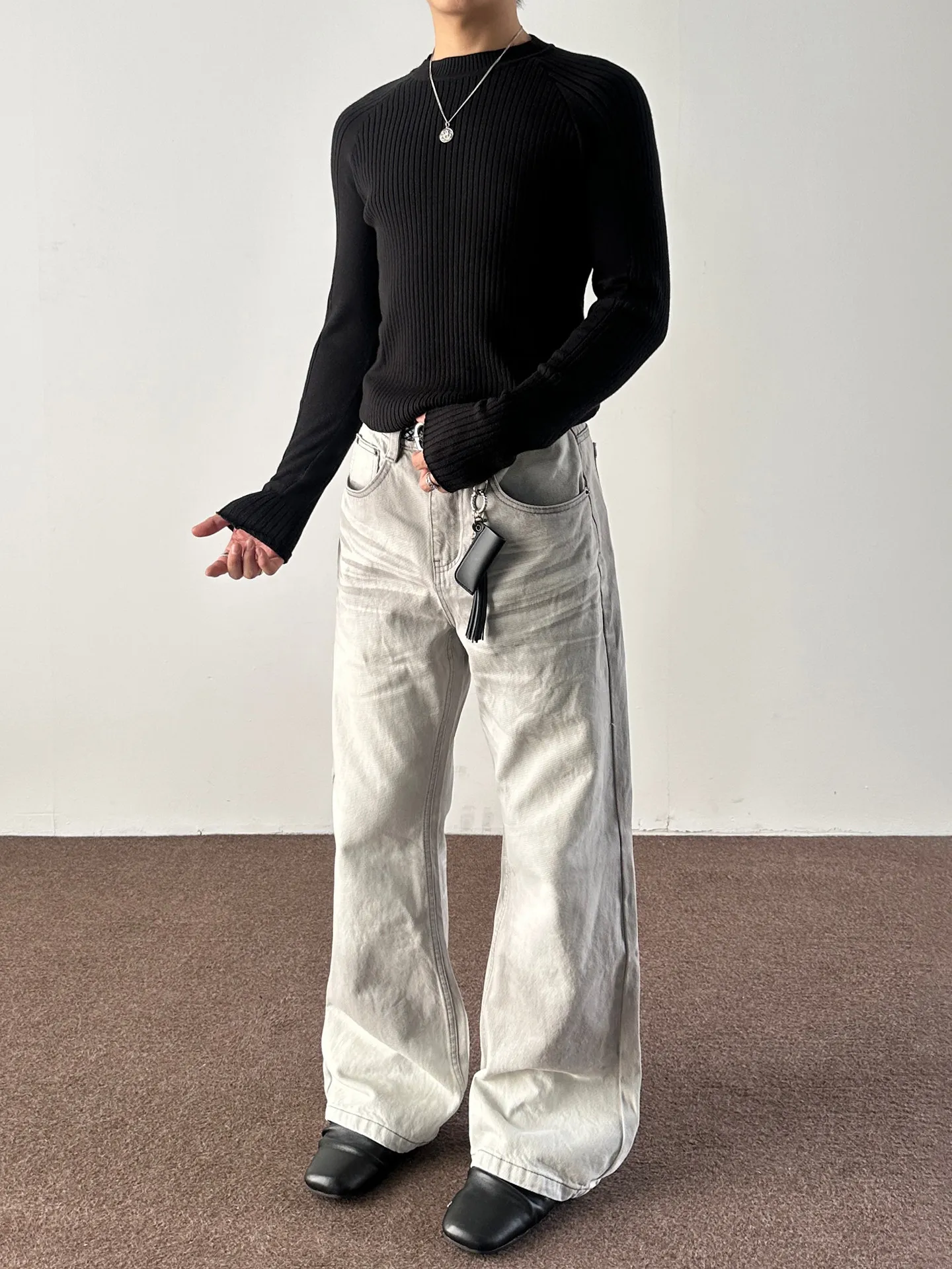 Retro American High Street Faded  Grey White A-Line Jeans Men's Micro Flared Straight Cleanfit Long Trousers