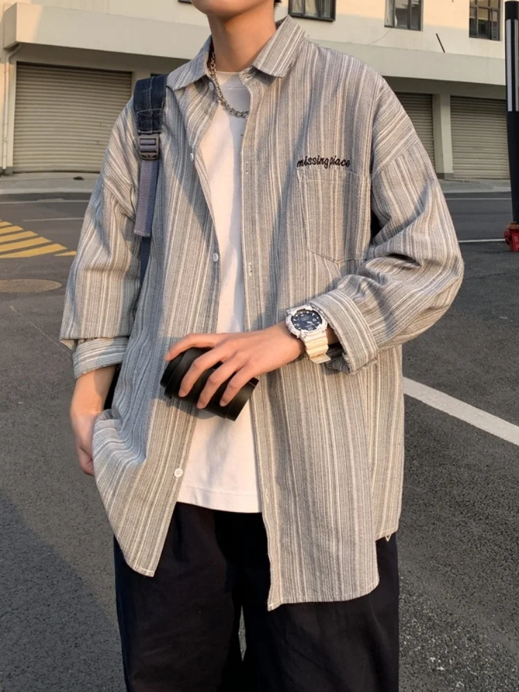 

American Style Casual Striped Men's Shirt Summer Trendy Oversize Leisure Fashion Outerwear Seven Sleeve Loose Fit Polyester F...