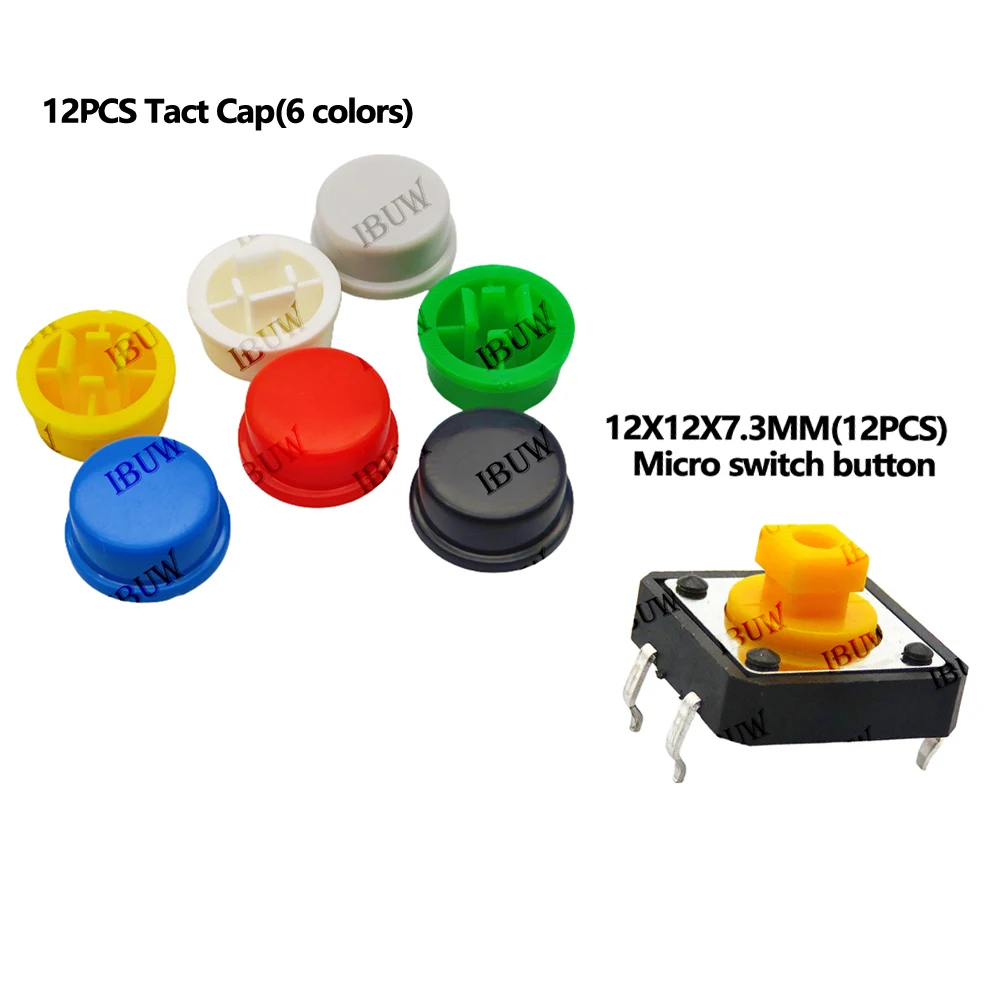 24PCS Tactile Push Button Switch Momentary 12*12*7.3MM Micro switch button + 12PCS Tact Cap(6 colors) for Arduino Switch