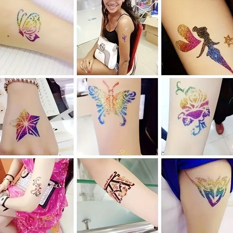 Glitter Temporary Tattoo Set 24 Colors with 2 Bottles of Glue,3 Sheets of Stencil Paper for Stage Performances,Christmas Parties