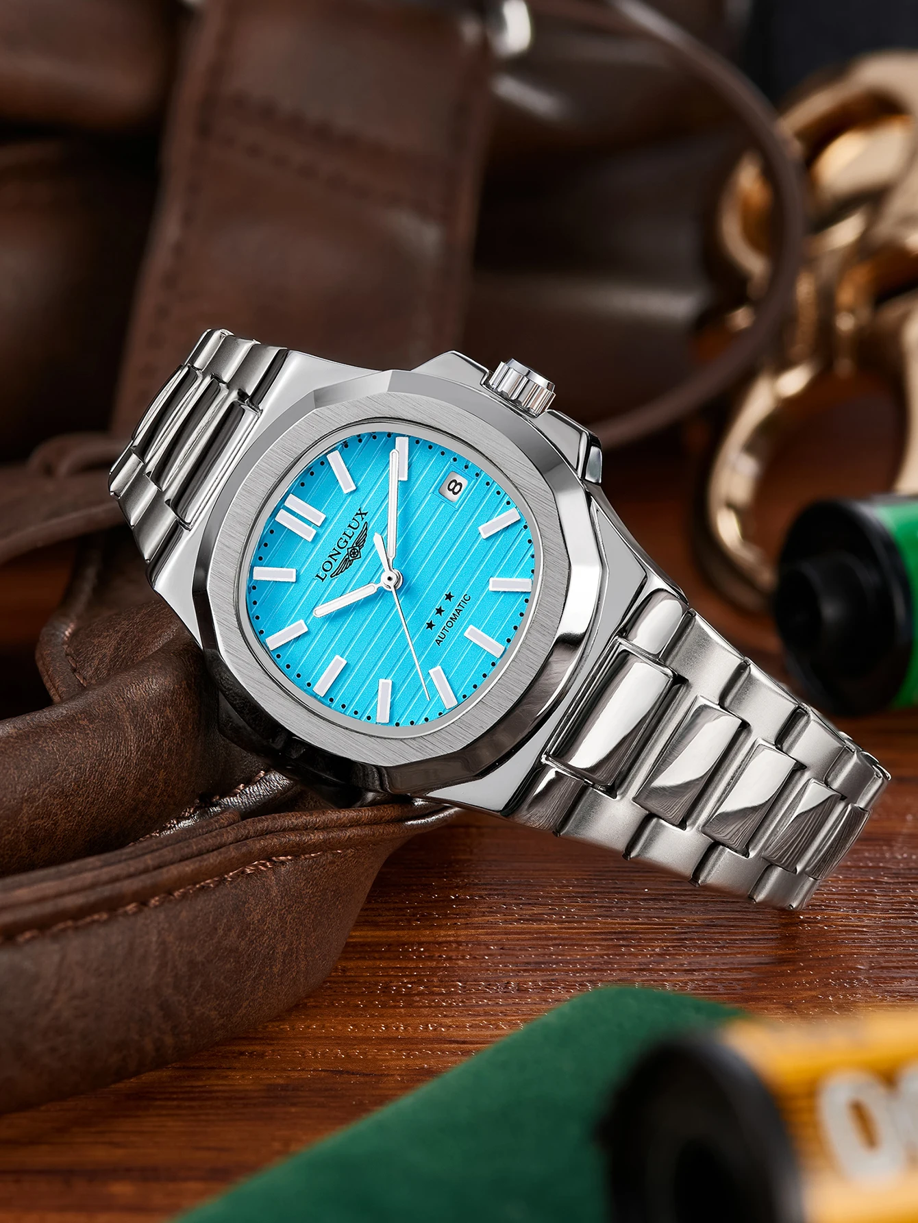 ساعة أوتوماتيكية للرجال تاريخ الأعمال ساعات ميكانيكية مقاومة للماء من الفولاذ المقاوم للصدأ ساعة رجالي فاخرة مضيئة هدية لصديقك