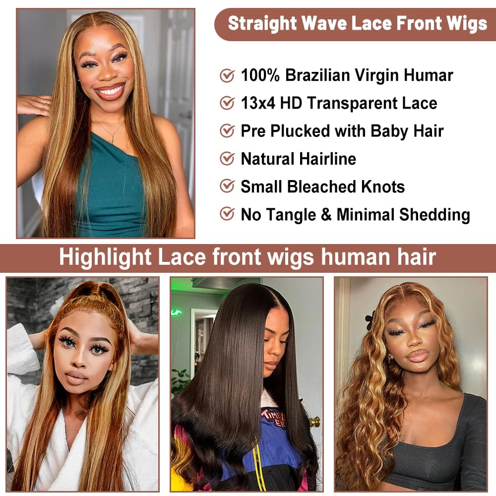 Straight Highlight Wig 13x4 Lace Front Human Hair Wigs 30 Inch For Women Transparent Lace Frontal Wig Color 4/27 Ombre Lace Wig