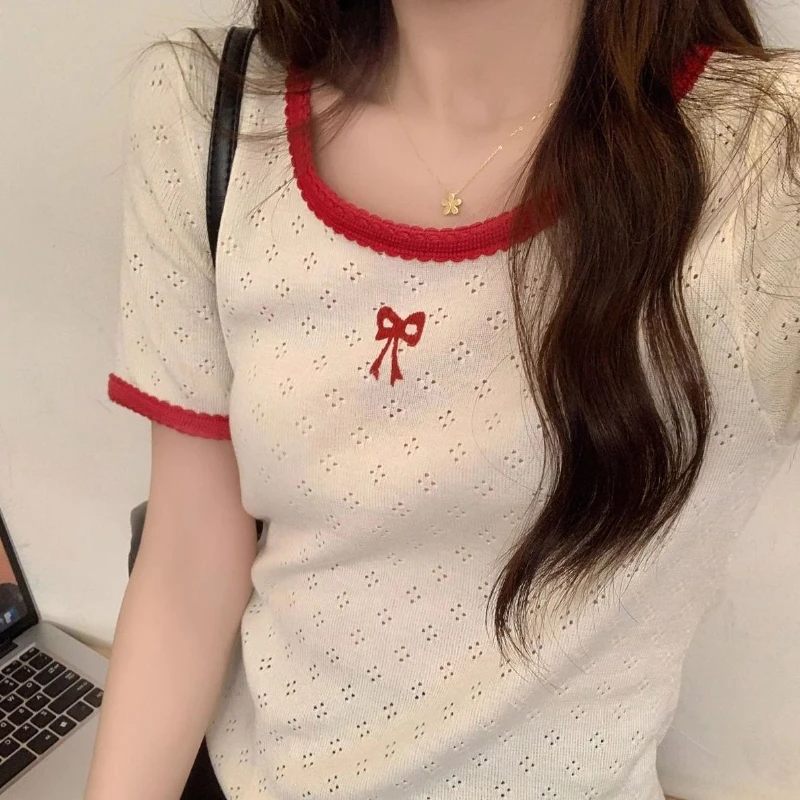 

Милый контрастный цветной пуловер с бантом и короткими рукавами, женский летний простой повседневный вязаный укороченный топ, тонкий свитер