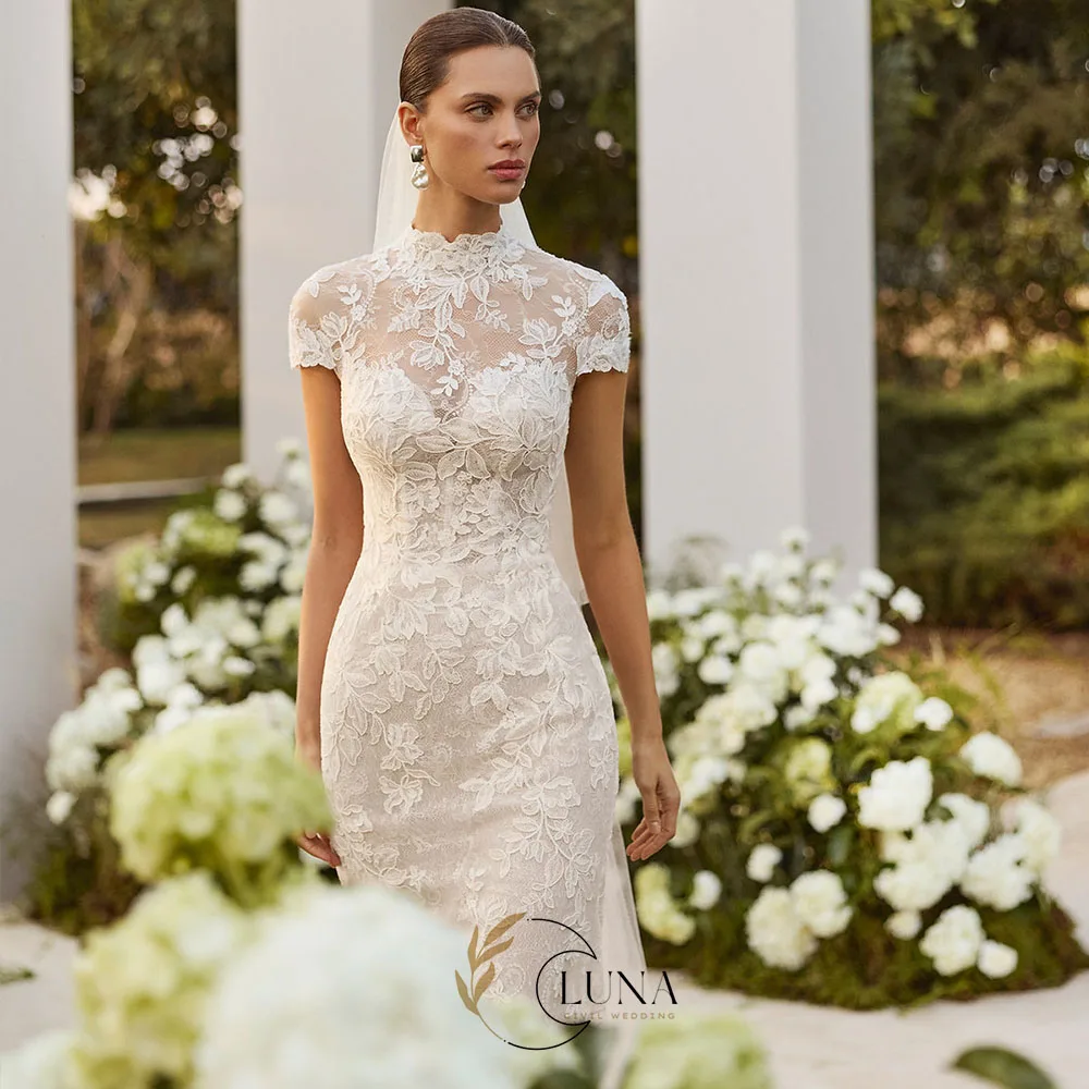 Luna Customized High Neck Lace Fitted Wedding Dress With Sleeves Court Train Full Lace Luxury Bridal Gown Vestido De Novia