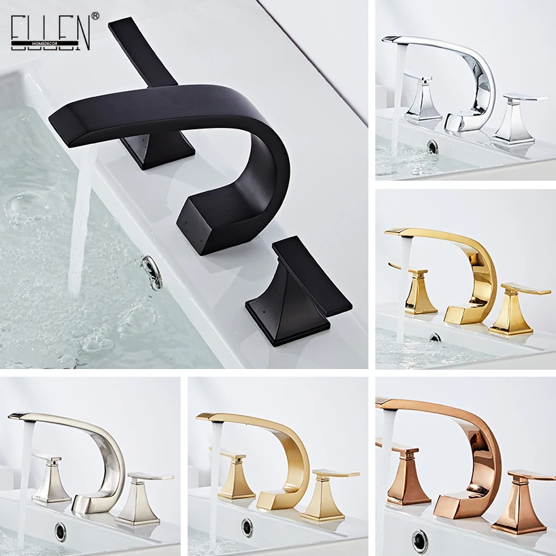 

ELLEN 3 Hole Faucets Bathroom Black Widespread Faucet Dual Handle Gold 3 Pieces Wash Basin Tap Hot Cold Mixer ELF1517