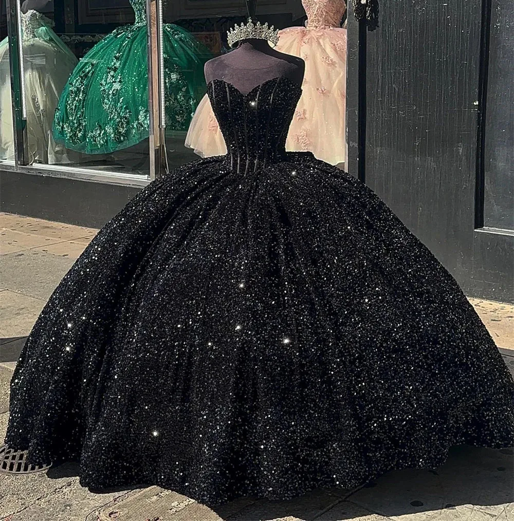 Schwarze Prinzessin Quince anera Kleider Ballkleid schiere Pailletten funkeln süß 16 Kleider 15años mexikanisch