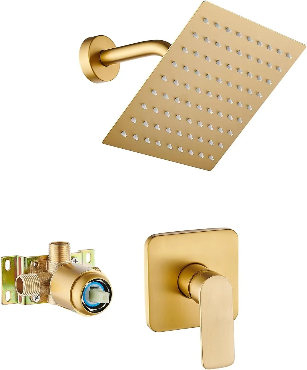 

Brushed Gold Brass Dual Handle Wall Mount Shower Faucet Trim Kit Rainfall Massage Spray 8inch Square Shower Head Rough-in
