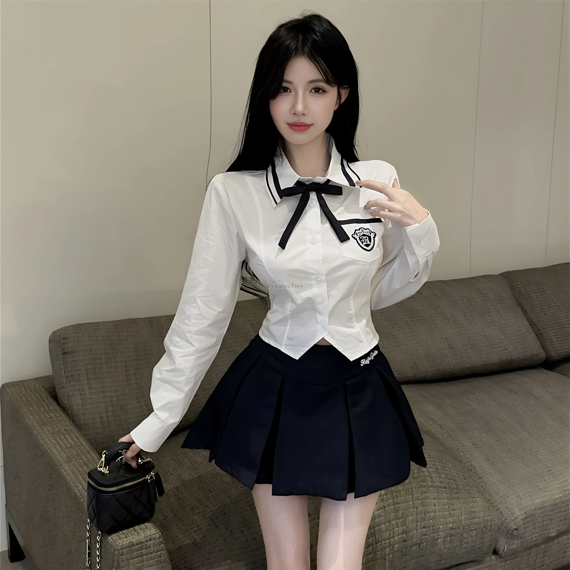 2024 preppy jk uniform set women fashion long-sleeved shirt high-waisted pleated short skirt two-piece set  daily jk set b222