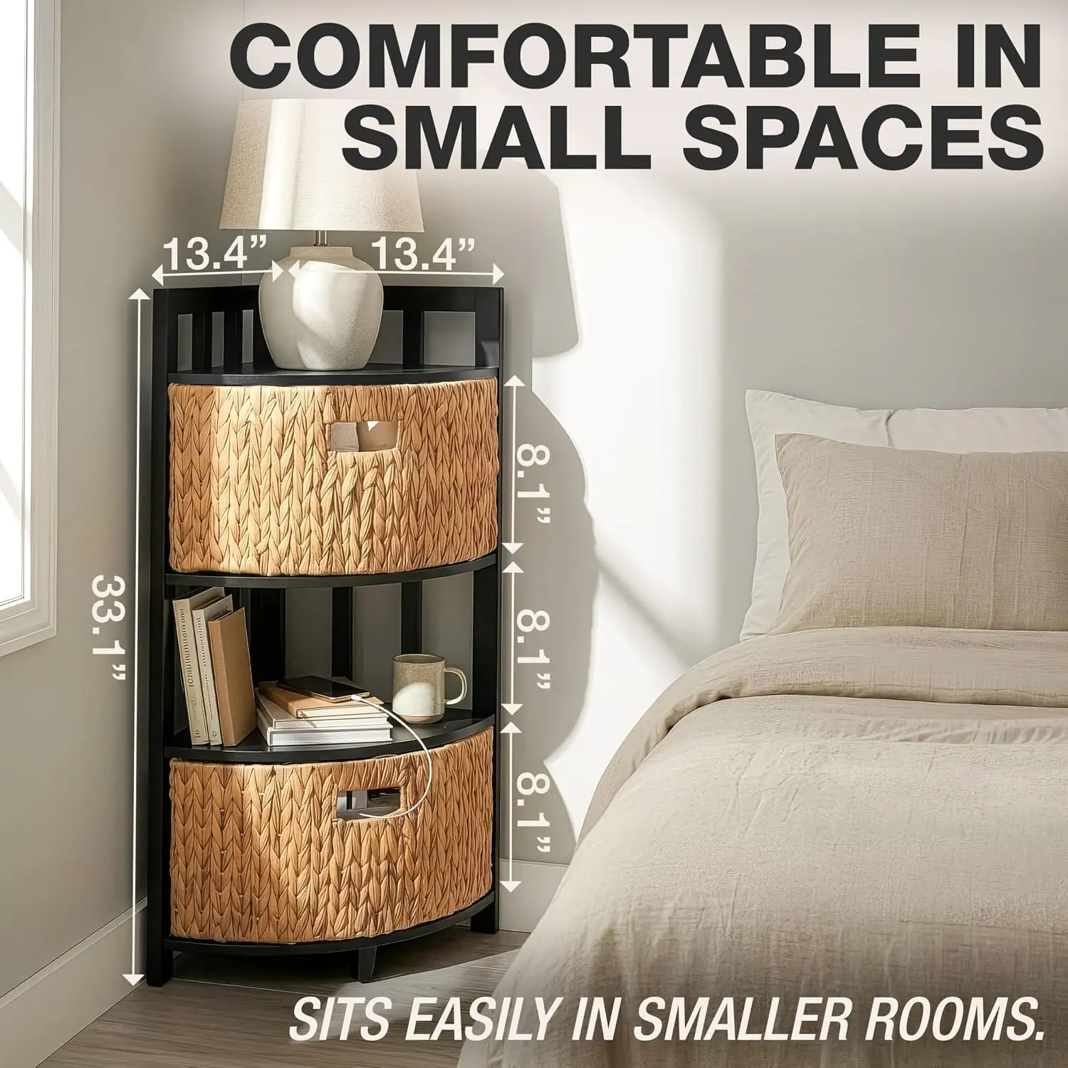 3-Tier Corner Storage Cabinet with Water Hyacinth Baskets, Black, Customized