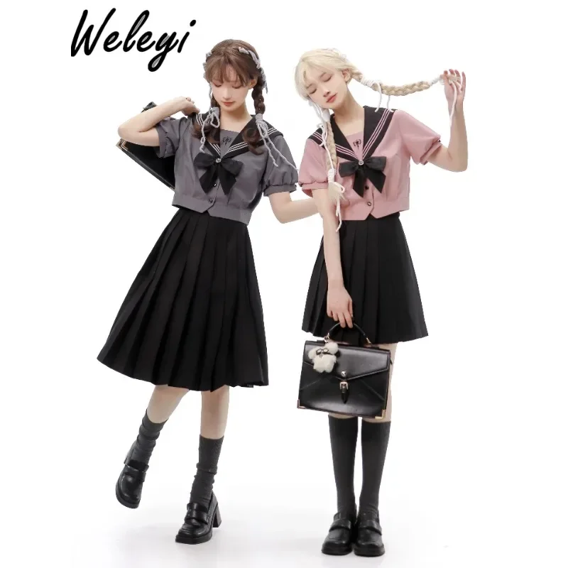 

Jirai Kei Sailor Uniform Suit Sweet Women's 2024 Summer Puff Sleeve Preppy Style Black Pink Short Sleeve Top Skirt Two Piece Set