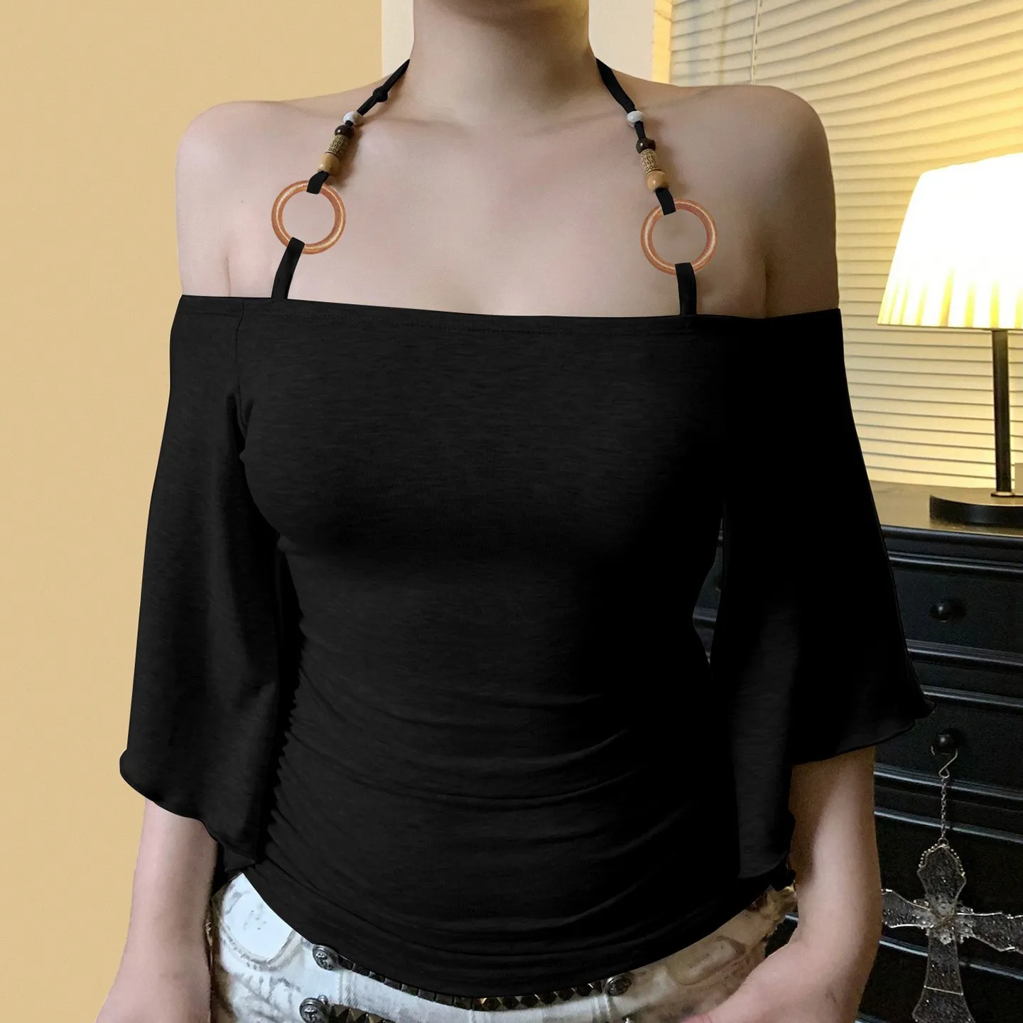 Women Off Shoulder Beaded Tie Neck Batwing Sleeve Blouse Solid Slim Fit Short Sleeve Round Neck Wrinkle Resistant Tank Top