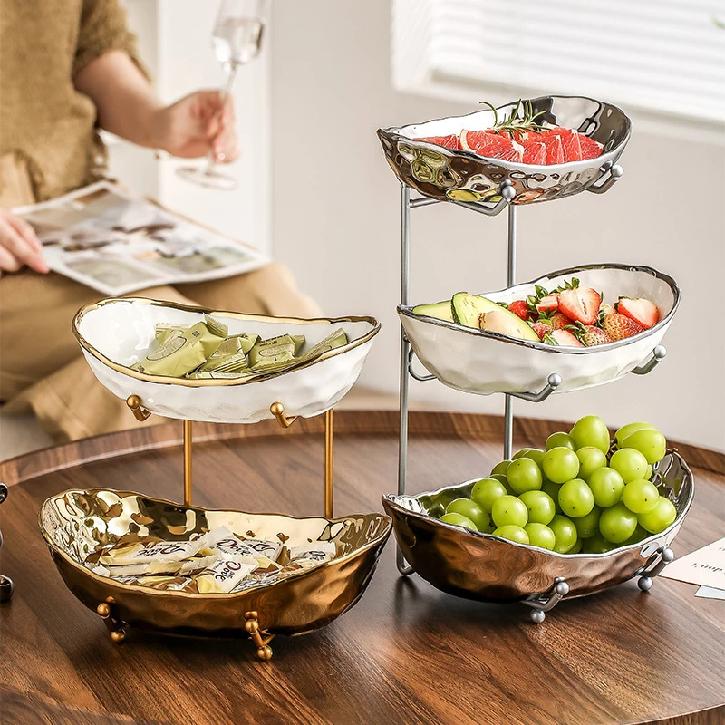 

Light Luxury Ceramic Fruit Plate, High-Appearance Multi-Tier Fruit Tray for Home, New Electroplating Craft Ingot-Shaped Dried Fr