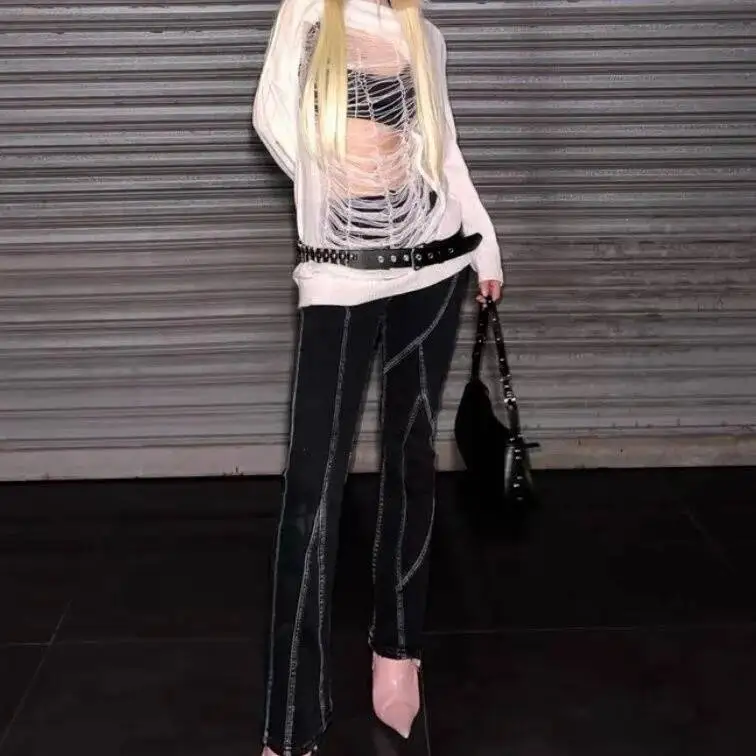 Girl Harajuku Spicy Y2k Millennium Punk Subculture Hollow Tear Off One Collar Off Shoulder Sweater Knitted Sweater view 3